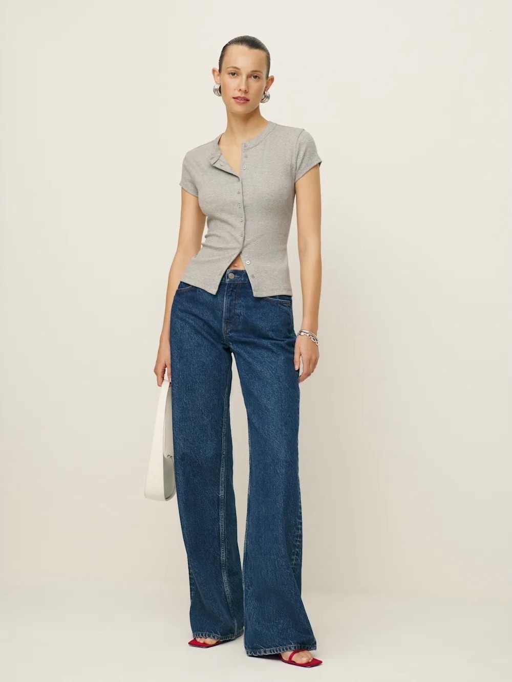 Reformation Raelynn Knit Ribbed Button Front Top in Heather Grey - Picture 4 of 11